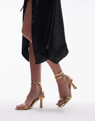Topshop Alex mid heel sandals with ankle tie in gold | ASOS (Global)