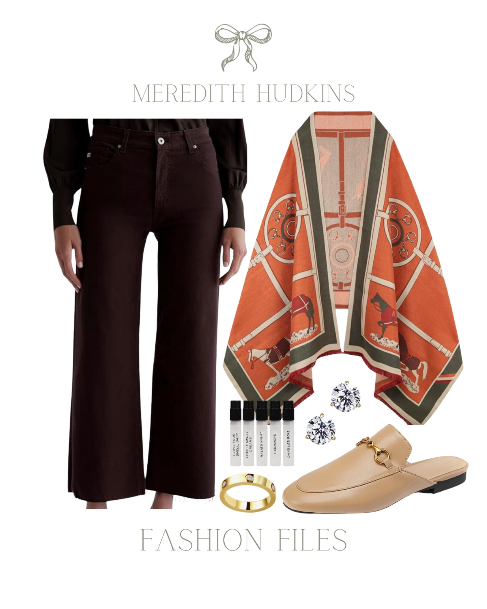 Women's Fashion, Meredith Hudkins, transitional fashion, fall fashion, ootd, work attire, trending, preppy, timeless, chic, affordable, diamond earrings, brown jeans, tan mules, gold ring, shawl wrap, dime perfume

#LTKFindsUnder50 #LTKFindsUnder100 #LTKSaleAlert