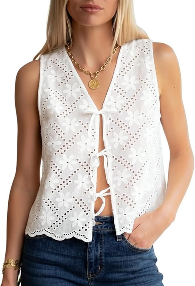 Lingswallow Women's Summer Sleeveless Top V-Neck Front Tie Eyelet Embroidery Scalloped Hem Casual... | Amazon (US)