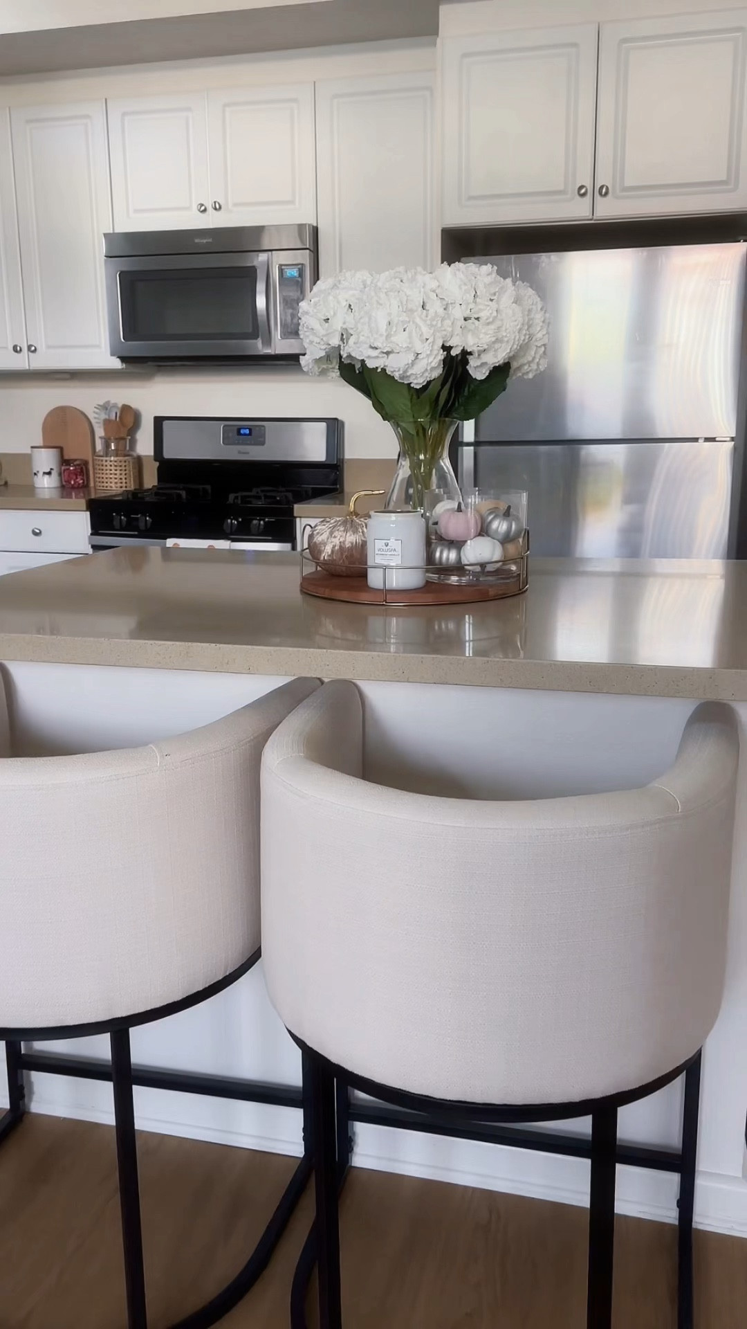 living room, kitchen, home decor, bar stools, island decor, artificial flowers, pumpkin, fall decor, gold, apartment  

#LTKVideo #LTKhome #LTKHoliday