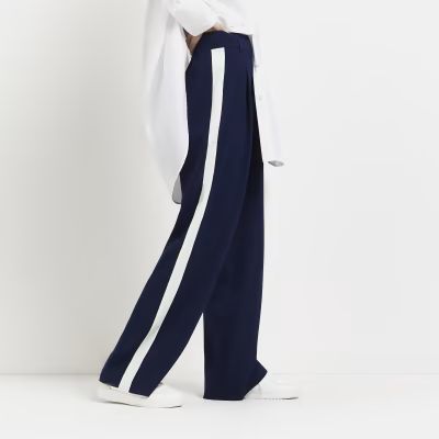 Navy side stripe wide leg trousers | River Island (UK & IE)