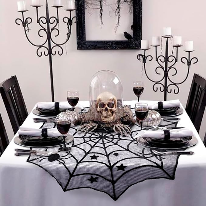 AerWo 40-Inch Black Spider Halloween Lace Table Topper Cloth for Halloween Table Decorations | Amazon (US)