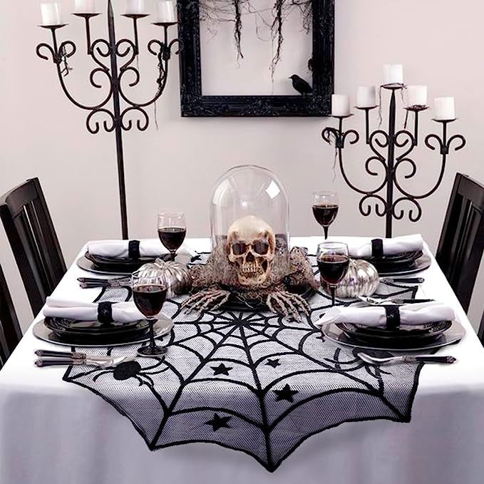 AerWo 40-Inch Black Spider Halloween Lace Table Topper Cloth for Halloween Table Decorations | Amazon (US)