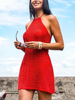 CUPSHE Women's Swimsuit Cover Up Dress Halter Neck Sleeveless Crochet Mini Beach Cover Up for Swi... | Amazon (US)