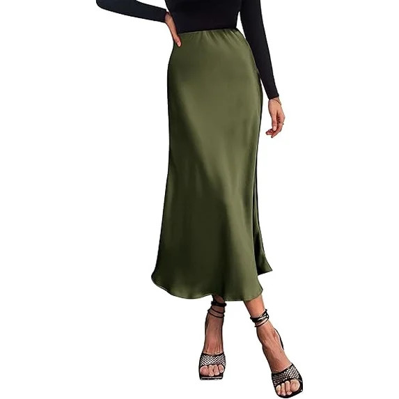 PRETTYGARDEN Women's Summer Midi Satin Skirt Dressy Casual High Waisted A Line Flowy Ruffle Elega... | Walmart (US)