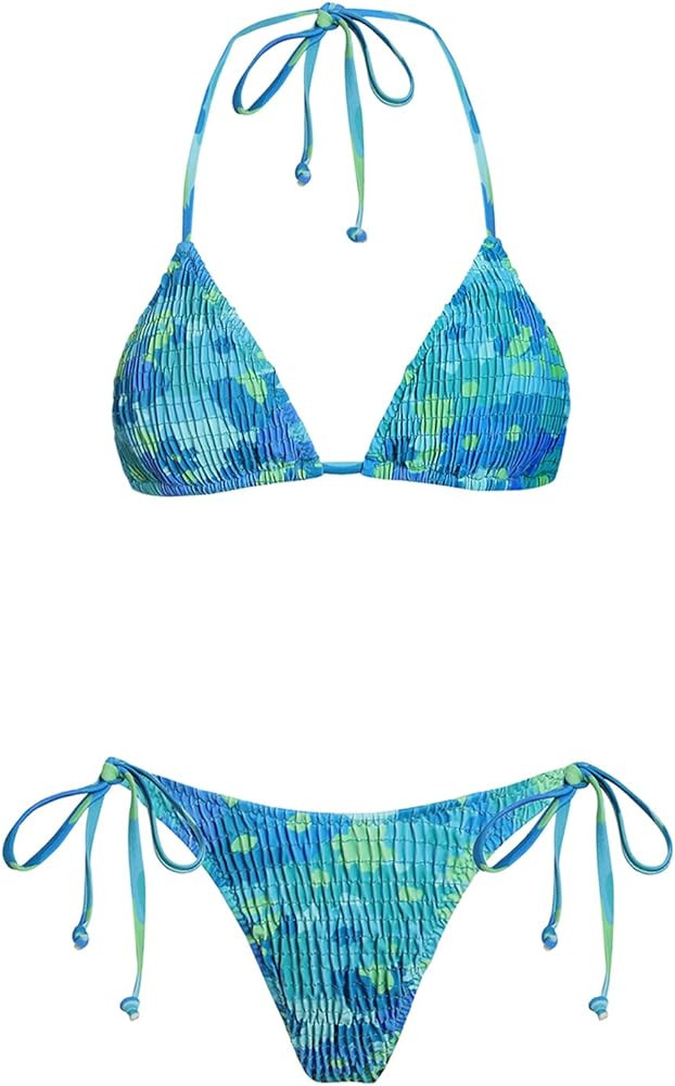 VOLAFA Women's Triangle Bikini Set String Swimsuit Print Tie Smocked Ruched Two Piece Bathing Sui... | Amazon (US)
