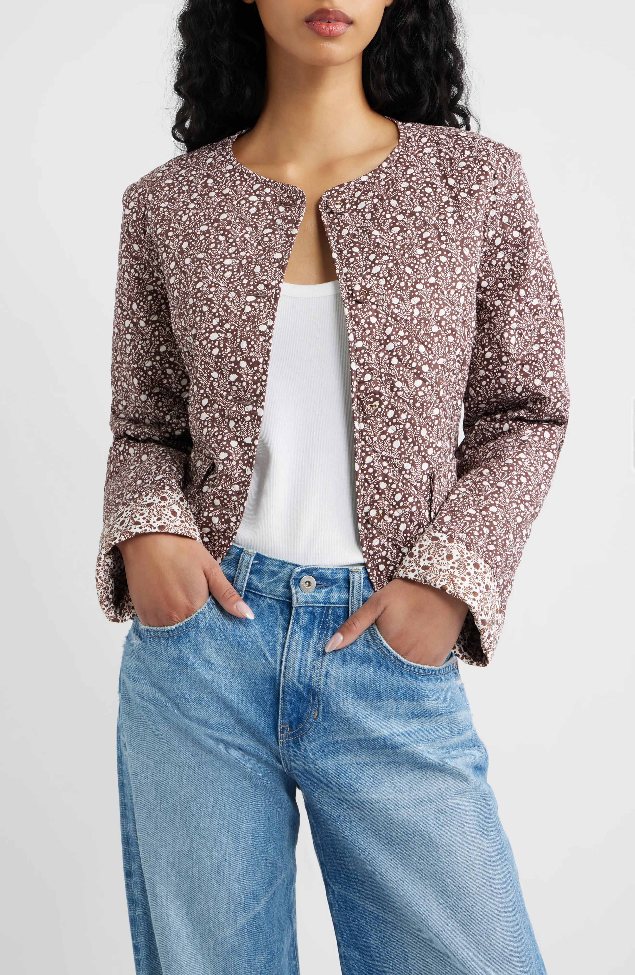 Hill House Home Rowan Cropped Cotton Jacket in Ditsy Thistle Brown at Nordstrom, Size X-Small | Nordstrom