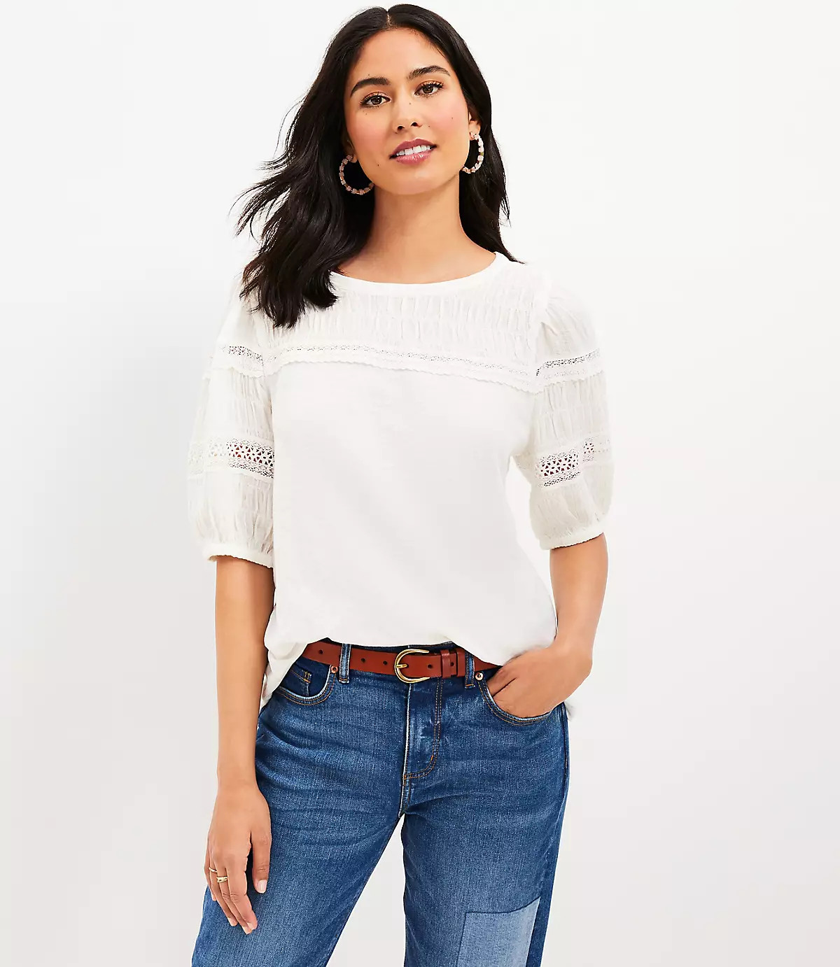 Lace Trim Shirred Bib Top | LOFT