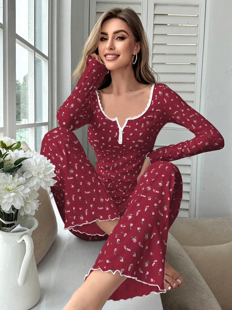 CottageSlumber Conjunto de pijama de pantalón y blusa de manga larga con estampado floral ditsy ... | SHEIN