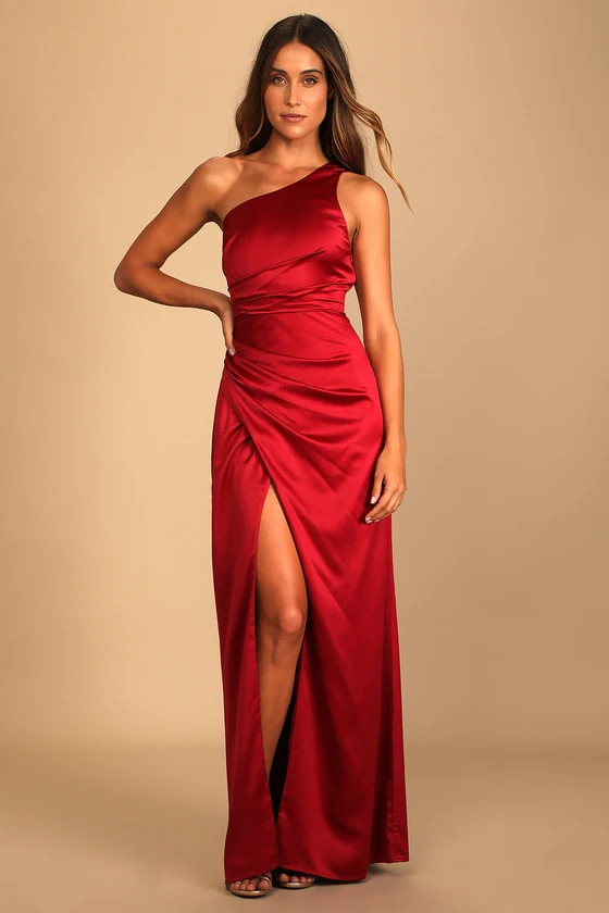Dreaming of Elegance Wine Red Satin One-Shoulder Maxi Dress | Lulus