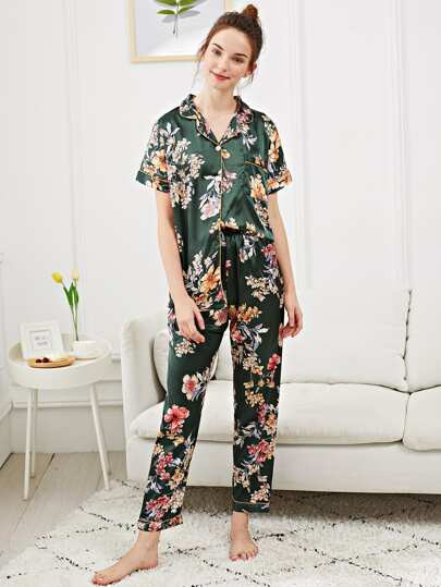 Flower Print Button Up Pajama Set | SHEIN