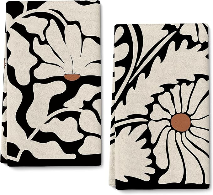 Black and White Kitchen Towels,Cute Black Beige Decorative Tea Towel Set of 2,Retro Boho Dish Tow... | Amazon (US)