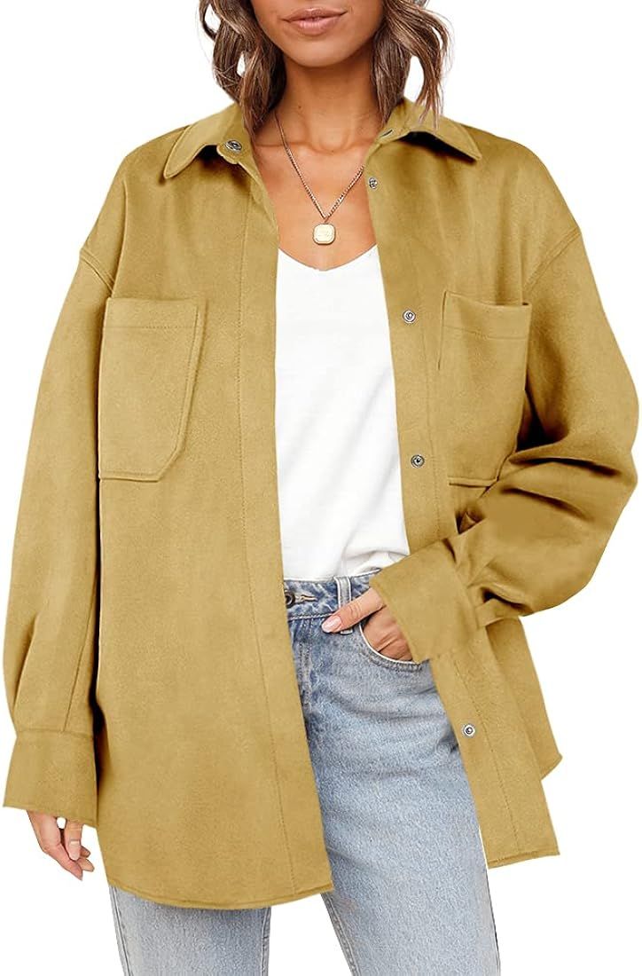 SySea Womens Faux Suede Shirts Jacket Casual Long Sleeve Snap Oversized Shacket | Amazon (US)