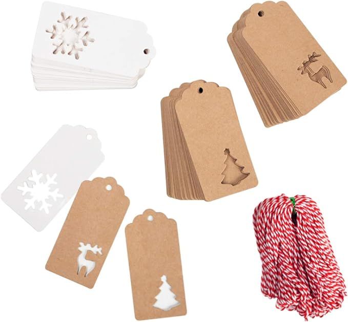 150 PCS Christmas Tags, Kraft Paper Gift Tags Hang Labels With 20M Red and White String, Christma... | Amazon (US)
