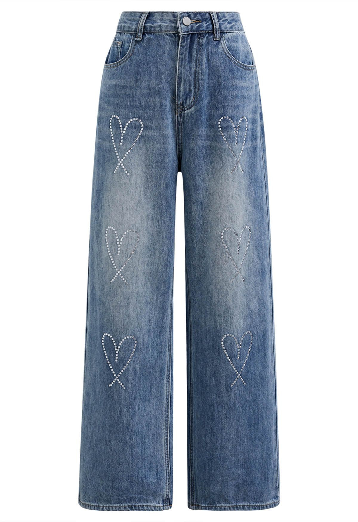 Rhinestone Heart Straight-Leg Jeans in Medium Wash | Chicwish