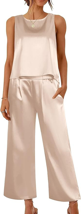 Ekoauer Women's Silk Satin Pajama 2 Piece Outfits Sleeveless Tank Crop Top and Wide Leg Pants Set... | Amazon (US)