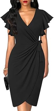 oten Womens Deep V Neck Ruffle Sleeve Sheath Casual Cocktail Party Work Faux Wrap Dress | Amazon (US)