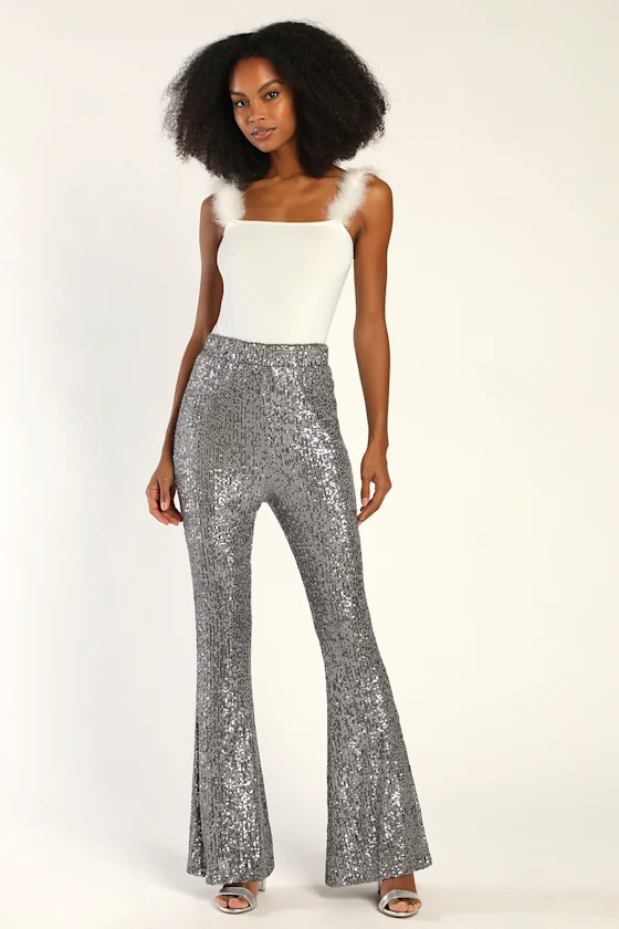 Shiny Statement Silver Sequin High-Waisted Flare Pants | Lulus (US)