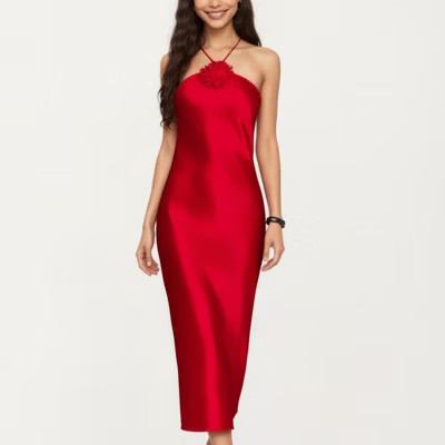 Anna-Kaci Lounge Women's Strapless Midi Slip Dress with Floral Appliqué Halter Detail and Sleek Smooth Silhouette - Large, Red | Target
