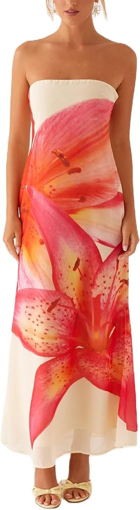 Women Floral Strapless Dress Sexy Backless Maxi Long Dress Y2K Sleeveless Satin Silk Bodycon Tube... | Amazon (US)