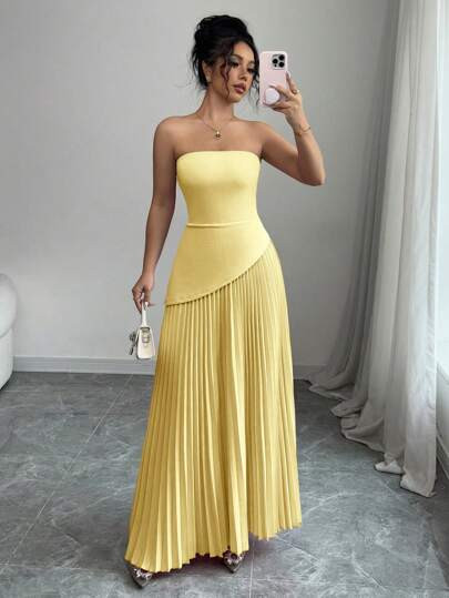 Elenzga Women's Solid Color Pleated Waist Sleeveless Dress, Elegant Design For Vacation And Commu... | SHEIN