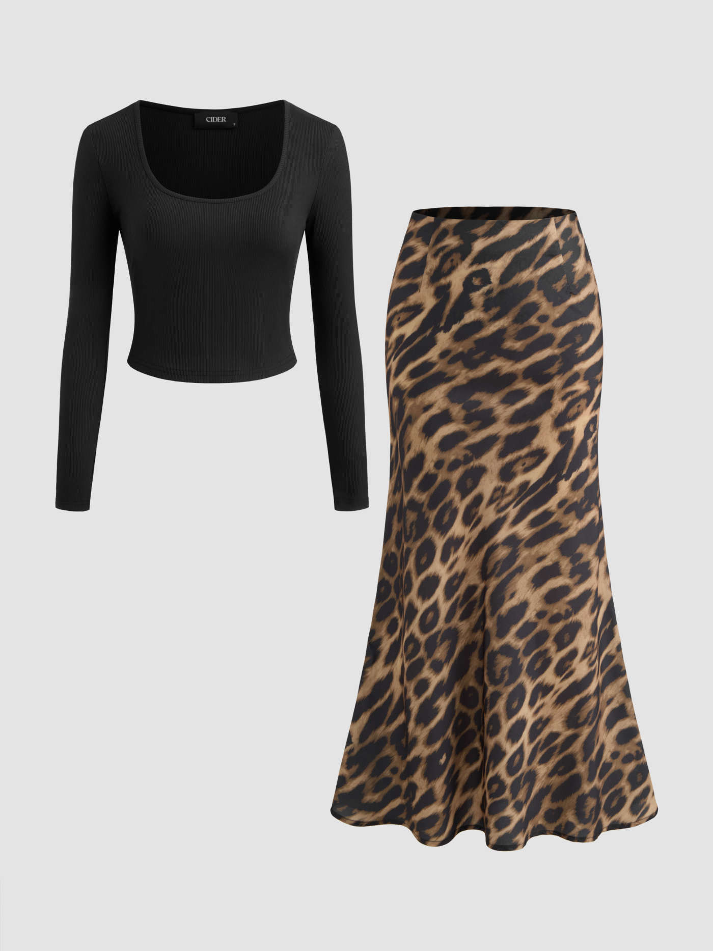 Scoop Neckline Solid Long Sleeve Crop Top & Mid Rise Leopard Ruffle Maxi Skirt Set | Cider