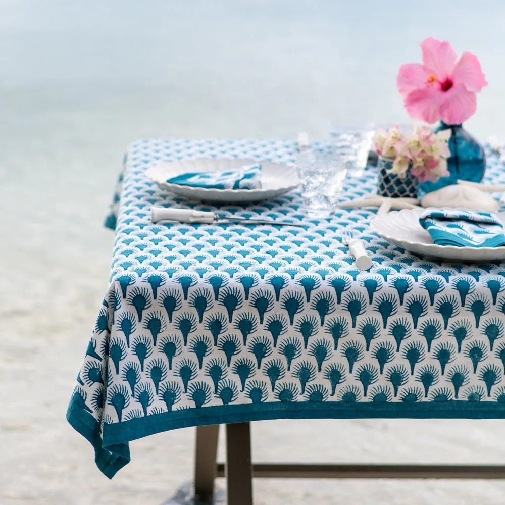 Geo Feather Teal Tablecloth | Pomegranate