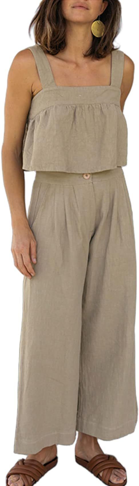 GIVNUAN Women's Summer 2 Piece Outfits Linen Sets Sleeveless Crop Tank Top Wide Leg Pants Romper ... | Amazon (US)