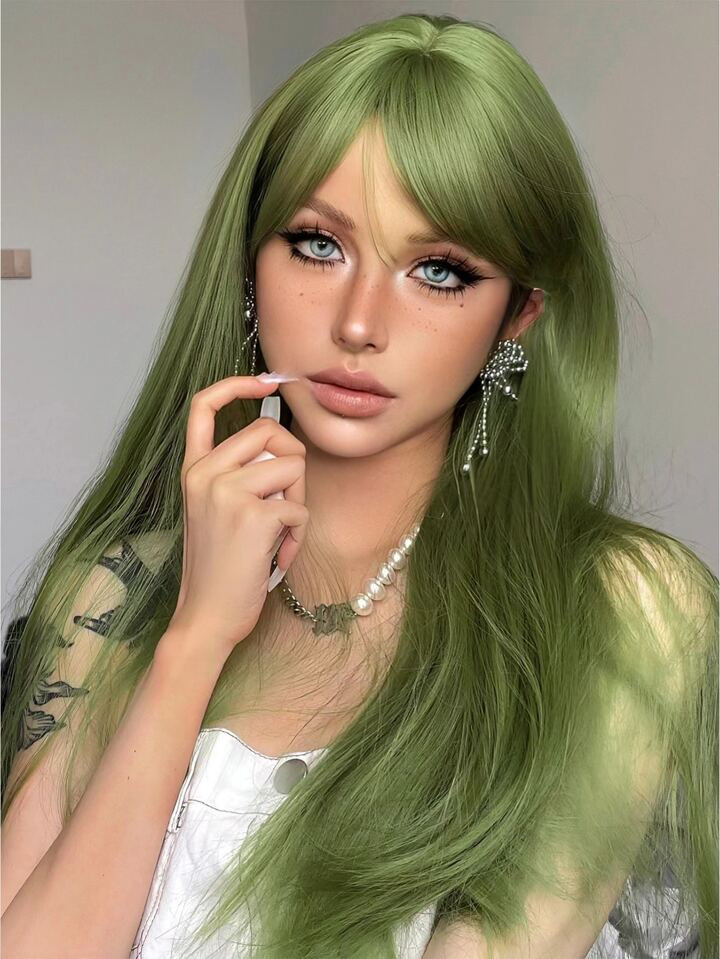 1 piece of green synthetic heat-resistant straight hair wig, 24 inches long, made of fiber, suita... | SHEIN