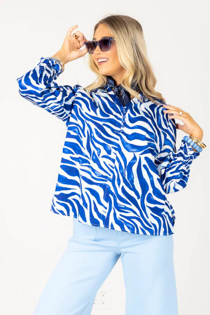 Foxcroft Alexis Blue & White Zebra Print Blouse | The Willow Tree
