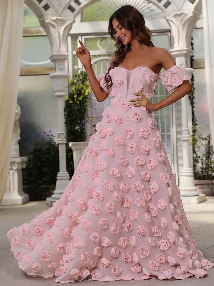 Off Shoulder Butterfly Sleeve Applique Prom Dress | SHEIN