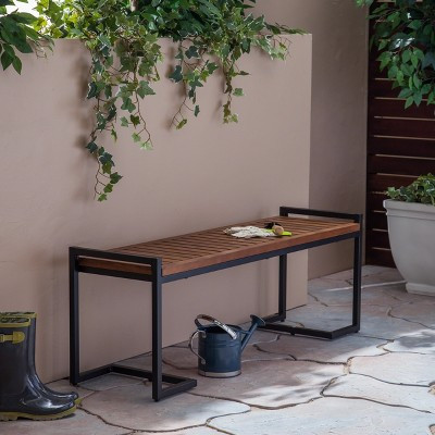 54 inch Acacia Wood Slat Bench with Cantilever Iron Legs, Black Metal Frame, Outdoor Patio | Target