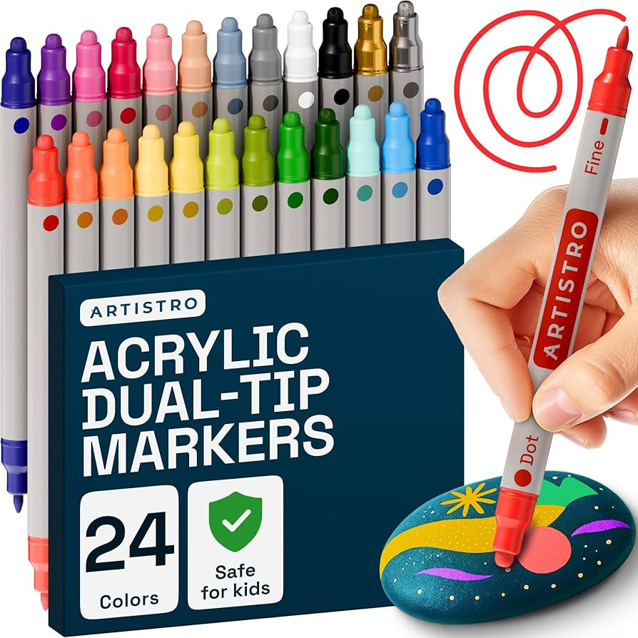 ARTISTRO Acrylic Paint Markers for Rock, Fabric, Wood, Glass, Craft - 24 Quick Dry Dual-Tip Paint... | Amazon (US)