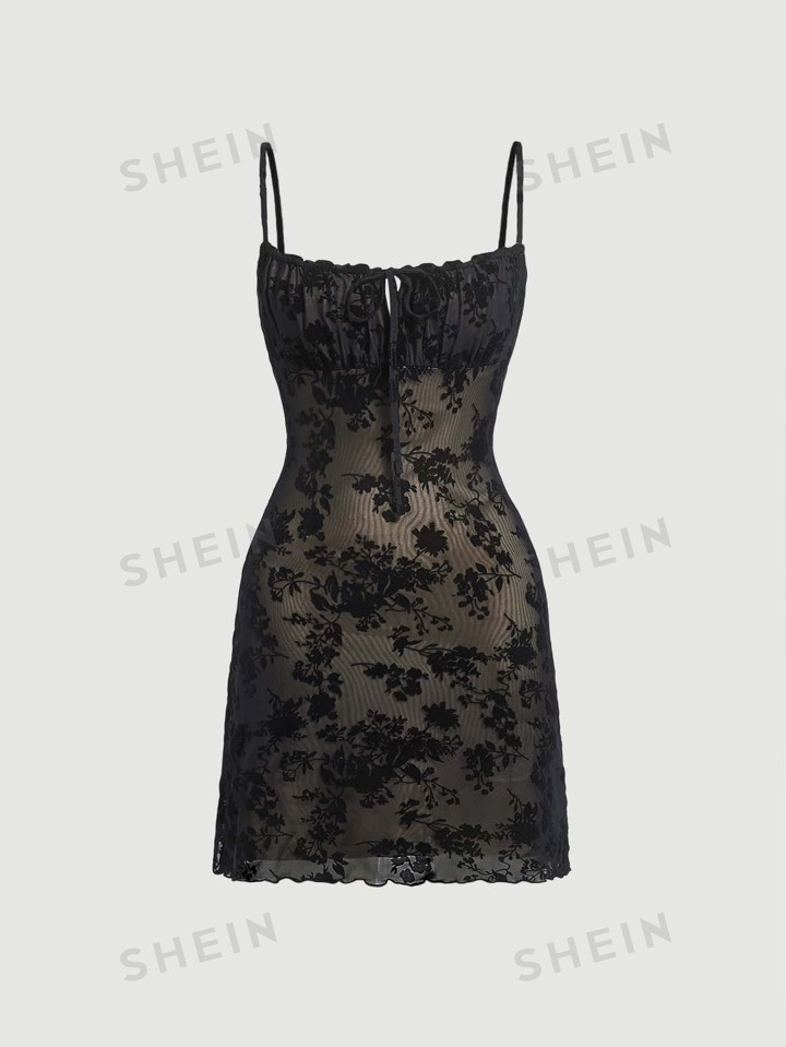 -6%SHEIN MOD Floral Mesh Tie Front Ruched Bust Cami Dress | SHEIN