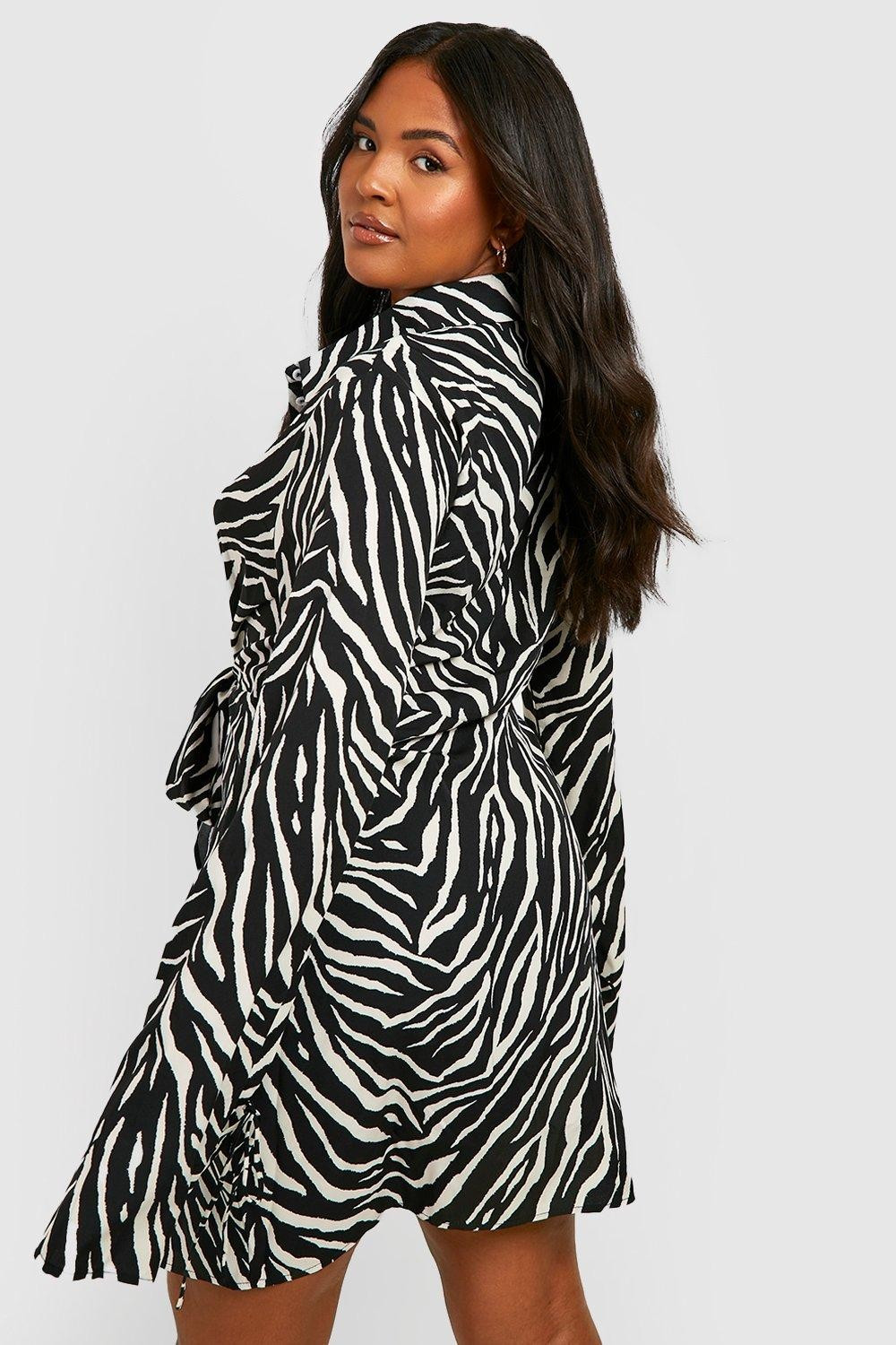 Plus Woven Zebra Print Belted Shirt Dress | Boohoo.com (US & CA)
