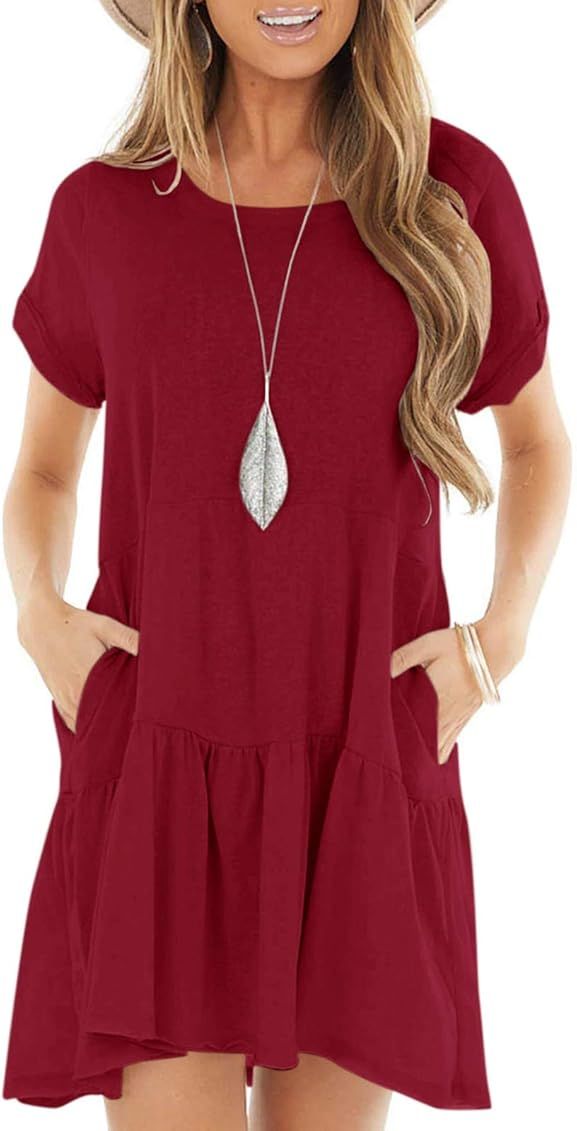 Women Short Sleeve Pocket Casual Plain Flexible Loose Ruffle Swing T-Shirt Dress | Amazon (US)