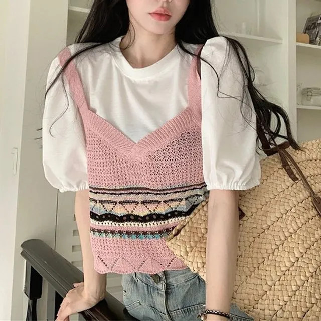 Horrysonie - Short-Sleeve Round Neck Mock Two Piece Crochet Knit Tee | YesStyle Global