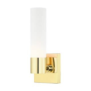Aspen 11.25 in. 1-Light Polished Brass ADA Wall Sconce with Satin Opal White Twist Lock Glass | The Home Depot