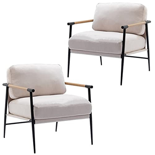 DUOMAY Mid-Century Modern Accent Chairs Set of 2 - Soft Linen Upholstered Lounge Reading Chair for Bedroom - Comfy Lightweight Livinig Room Chairs - Beige | Amazon (US)