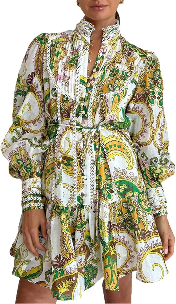 Women's Bohemian Floral Print Button Down Long Lantern Sleeve Shift Tunic Dress Casual Ruffle Swi... | Amazon (US)