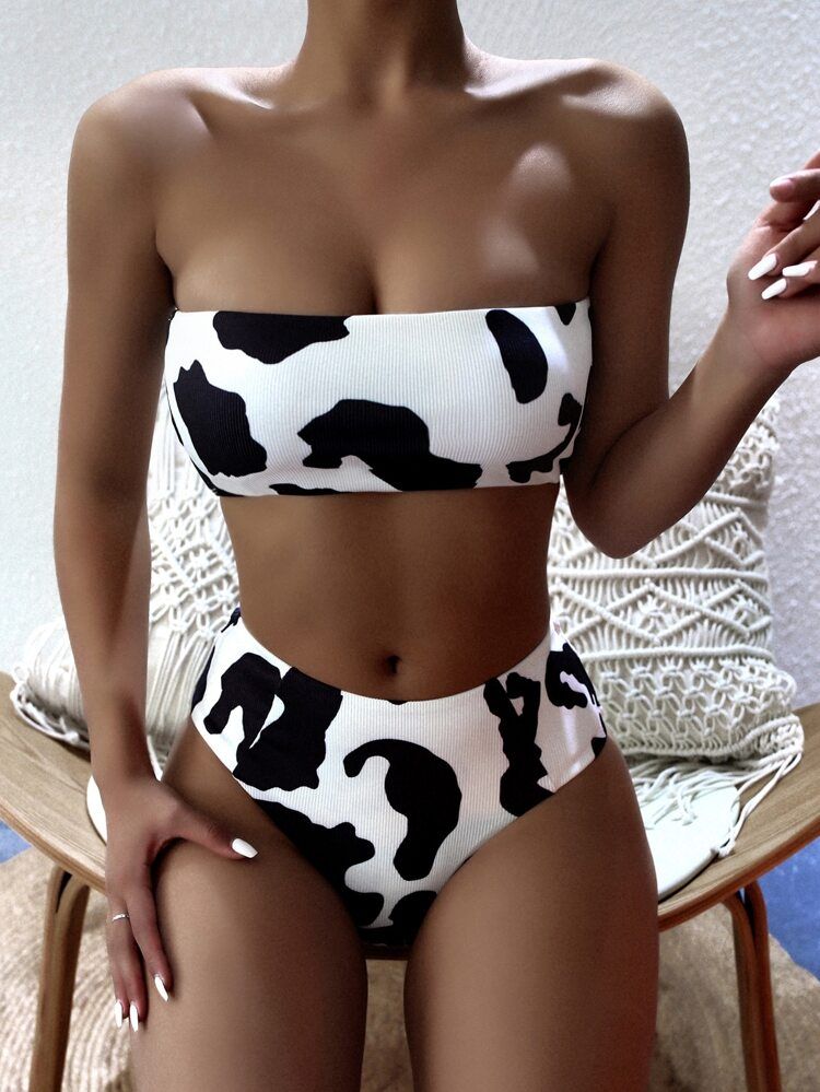 Cow Print Rib Bandeau Bikini Swimsuit | SHEIN