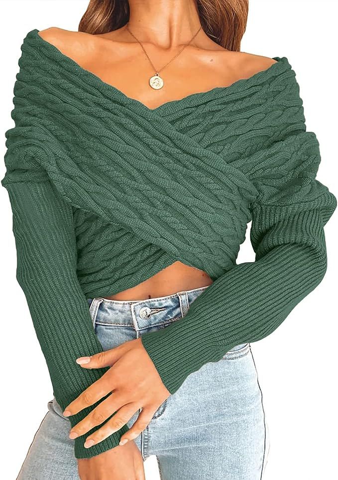 BTFBM Women Casual V Neck Long Sleeve Sweaters Cross Wrap Front Off Shoulder Asymmetric Hem Knitt... | Amazon (US)