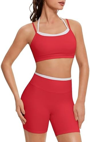 OMKAGI Workout Sets for Women Cute Doubel Layer Open Back Sports Bras Gym Shorts Outfits | Amazon (US)