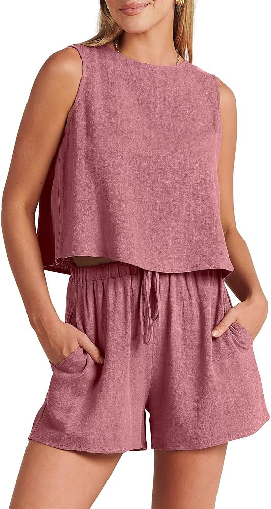ANRABESS Women’s Summer 2 Piece Linen Shorts Sets Sleeveless Crop Top Romper Lounge Set 2024 Tr... | Amazon (US)