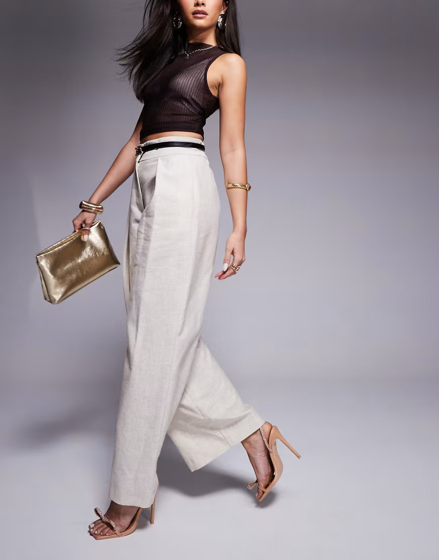 River Island wide leg pleated pants in beige-Neutral | ASOS (Global)