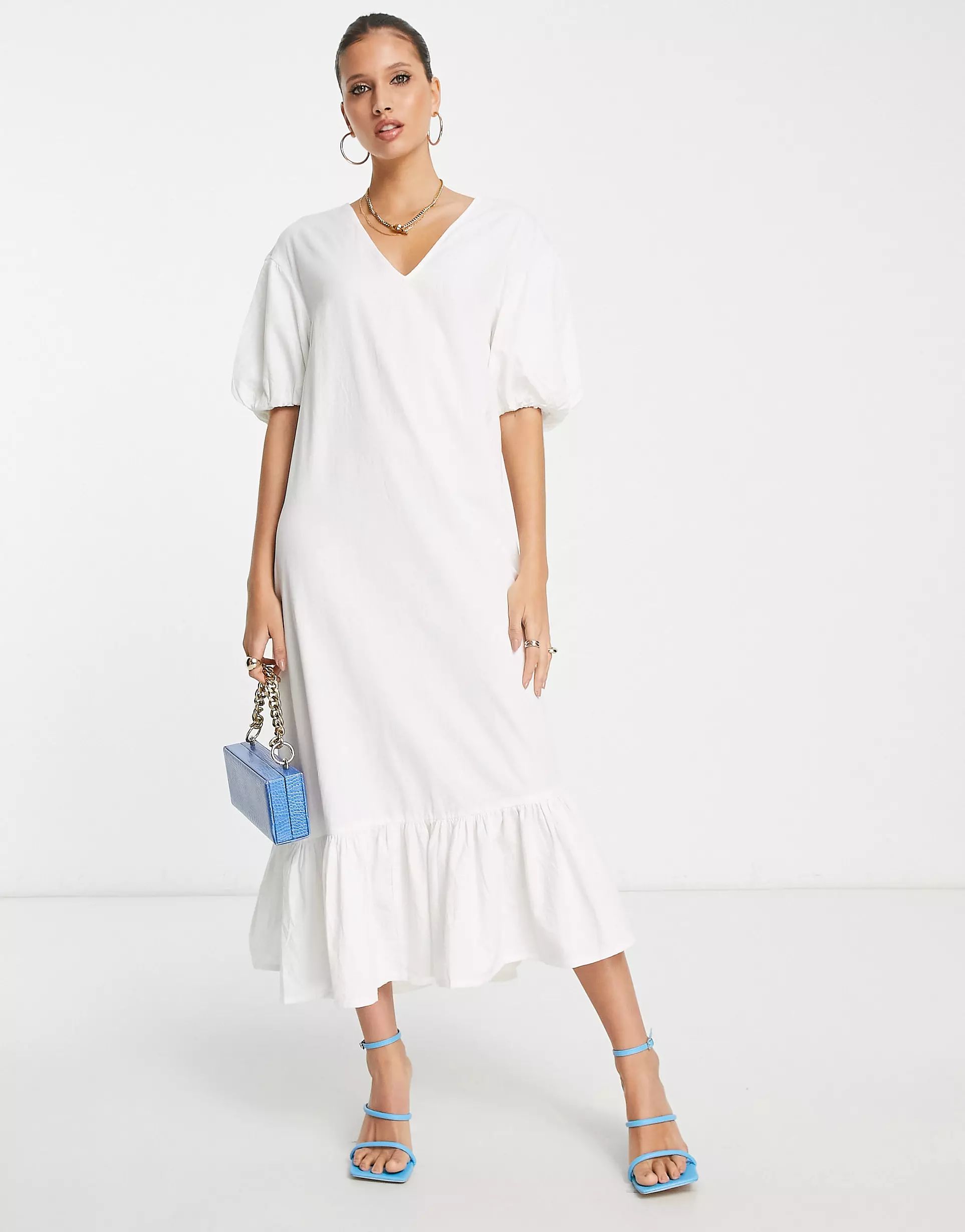 Pretty Lavish balloon sleeve smock midaxi dress in white | ASOS (Global)
