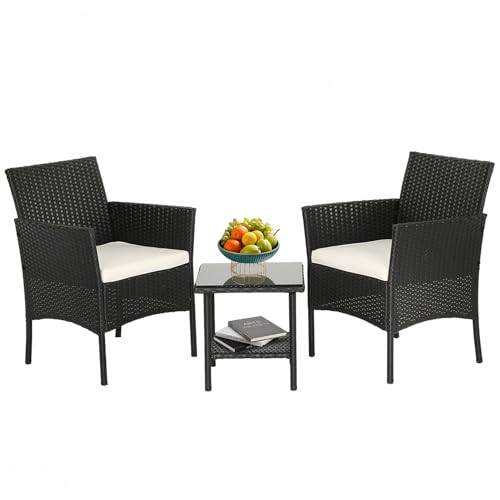 FDW Wicker Outdoor Furniture Patio Furniture Set of 3 Rattan Patio Chairs Outdoor Chairs Patio Conversation Set with Coffee Table for Yard Backyard Lawn Porch Poolside Balcony,Black | Amazon (US)