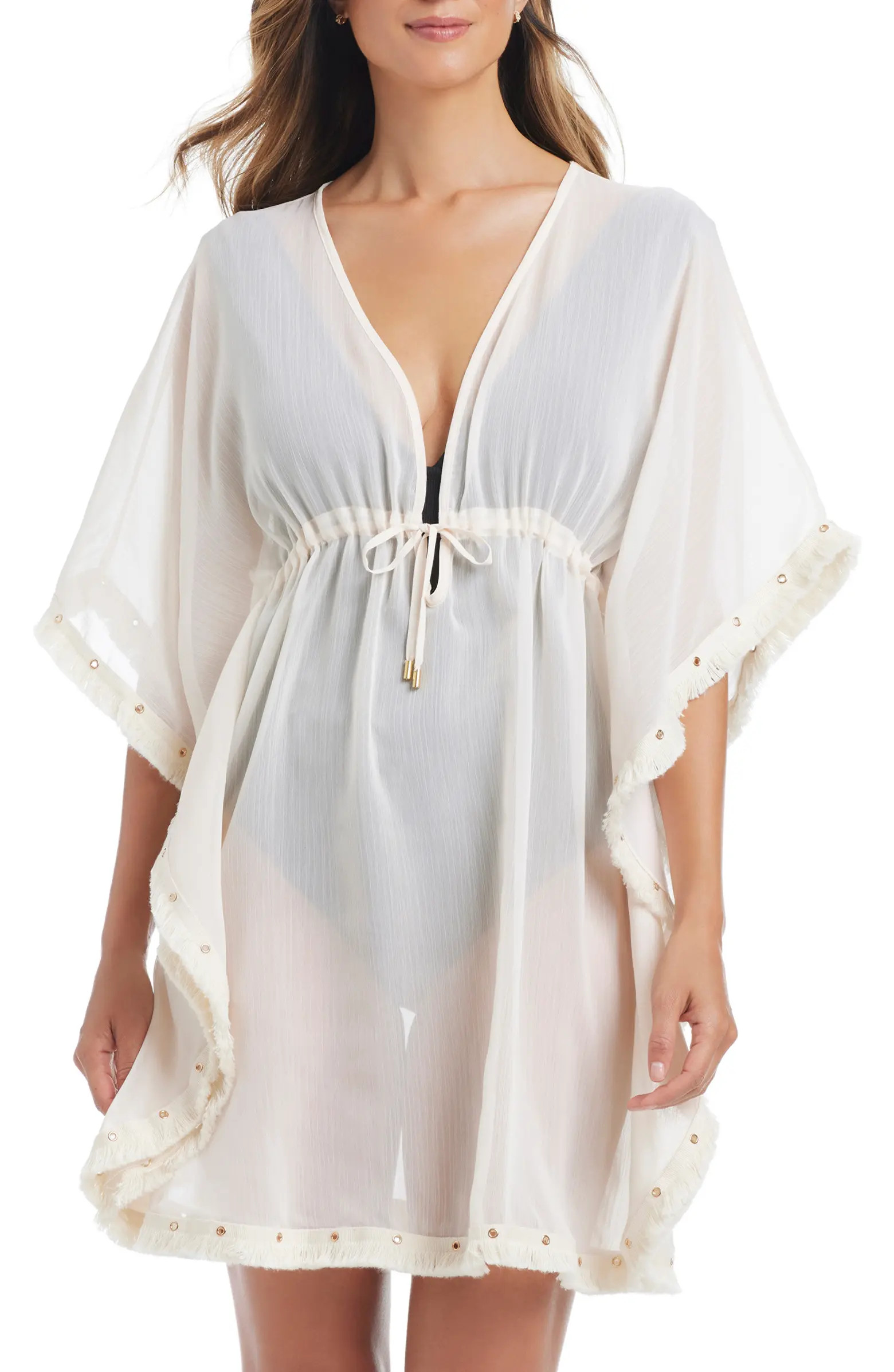 BLEU by Rod Beattie Fringe Trim Sheer Cover-Up Caftan | Nordstrom | Nordstrom
