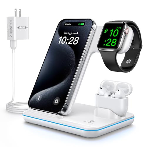 WAITIEE Wireless Charger 3 in 1, 15W Fast Charging Station for Apple Watch 9/8/Ultra 2/Ultra/SE/7/6/5/4/3/2, for AirPods 3/2/1/Pro/Pro 2, for iPhone 15/14/13 /Plus/Pro/Pro Max/12/11/X/Xr/XS/8 (White) | Amazon (US)