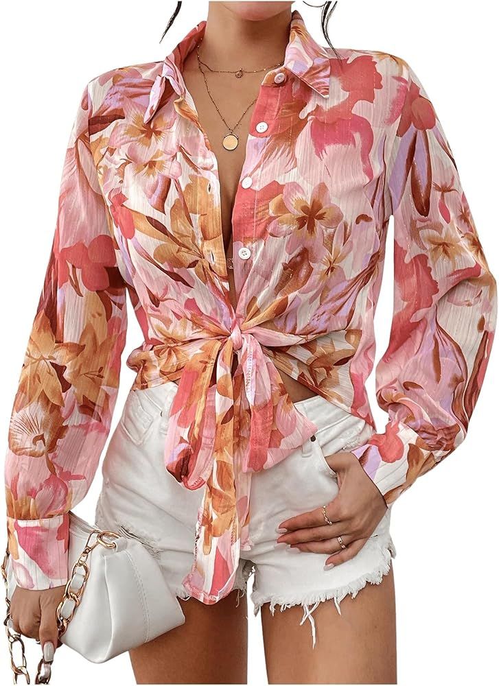 GORGLITTER Women's Floral Blouses Lantern Long Sleeve Collared Neck Button Down Shirts | Amazon (US)